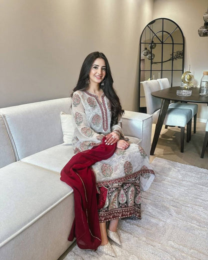 Off White Designer Heavy Faux Georgette Crep Plazzo Top and Dupatta