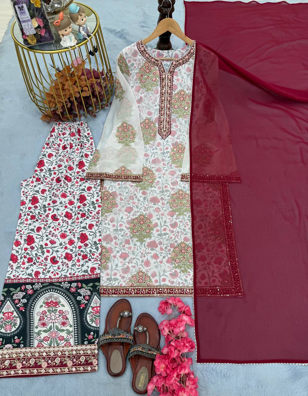 Off White Designer Heavy Faux Georgette Crep Plazzo Top and Dupatta