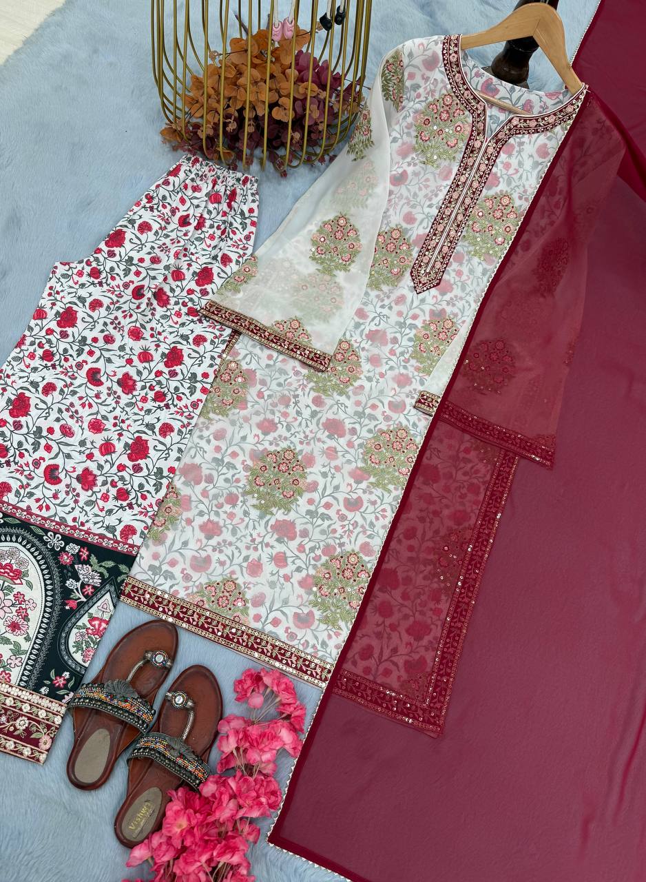 Off White Designer Heavy Faux Georgette Crep Plazzo Top and Dupatta