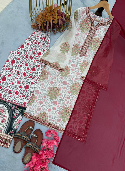 Off White Designer Heavy Faux Georgette Crep Plazzo Top and Dupatta