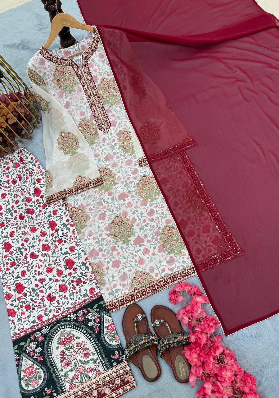 Off White Designer Heavy Faux Georgette Crep Plazzo Top and Dupatta