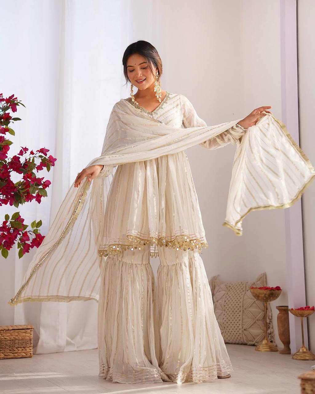 Off White Designer Mal Chanderi Mirror Work Sharara suit and Dupatta