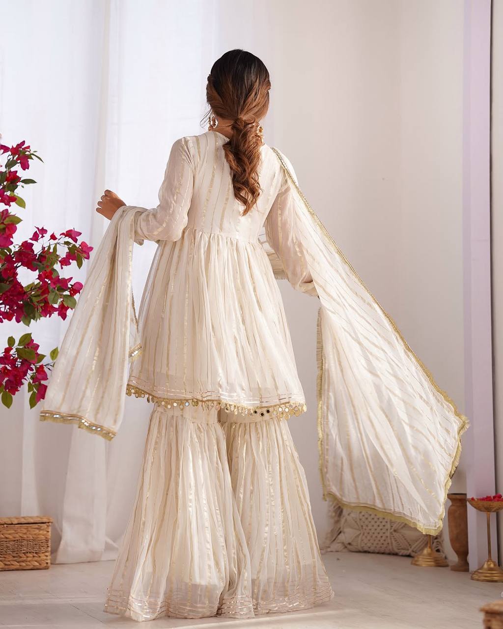 Off White Designer Mal Chanderi Mirror Work Sharara suit and Dupatta