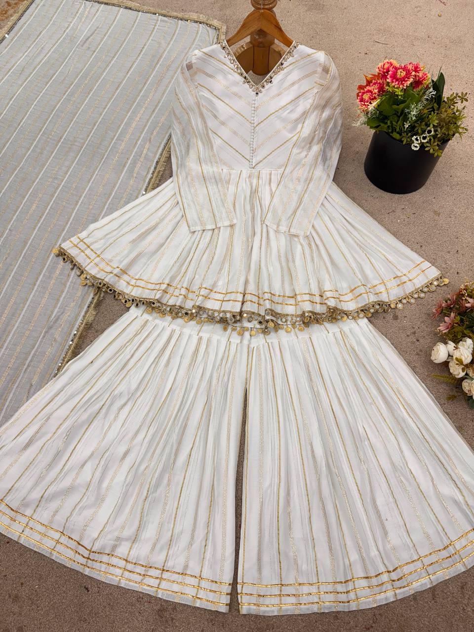 Off White Designer Mal Chanderi Mirror Work Sharara suit and Dupatta