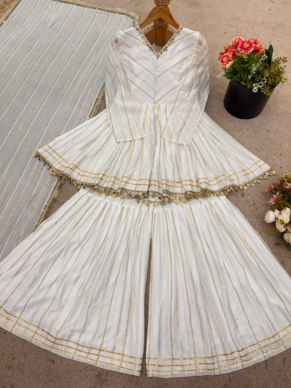 Off White Designer Mal Chanderi Mirror Work Sharara suit and Dupatta