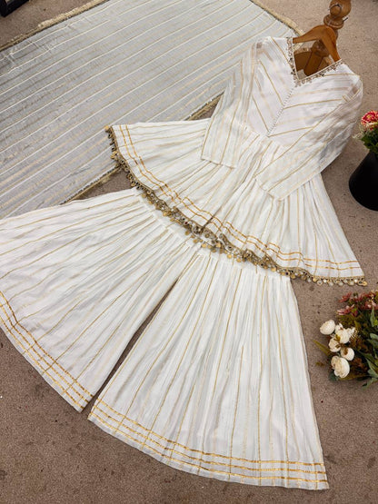 Off White Designer Mal Chanderi Mirror Work Sharara suit and Dupatta