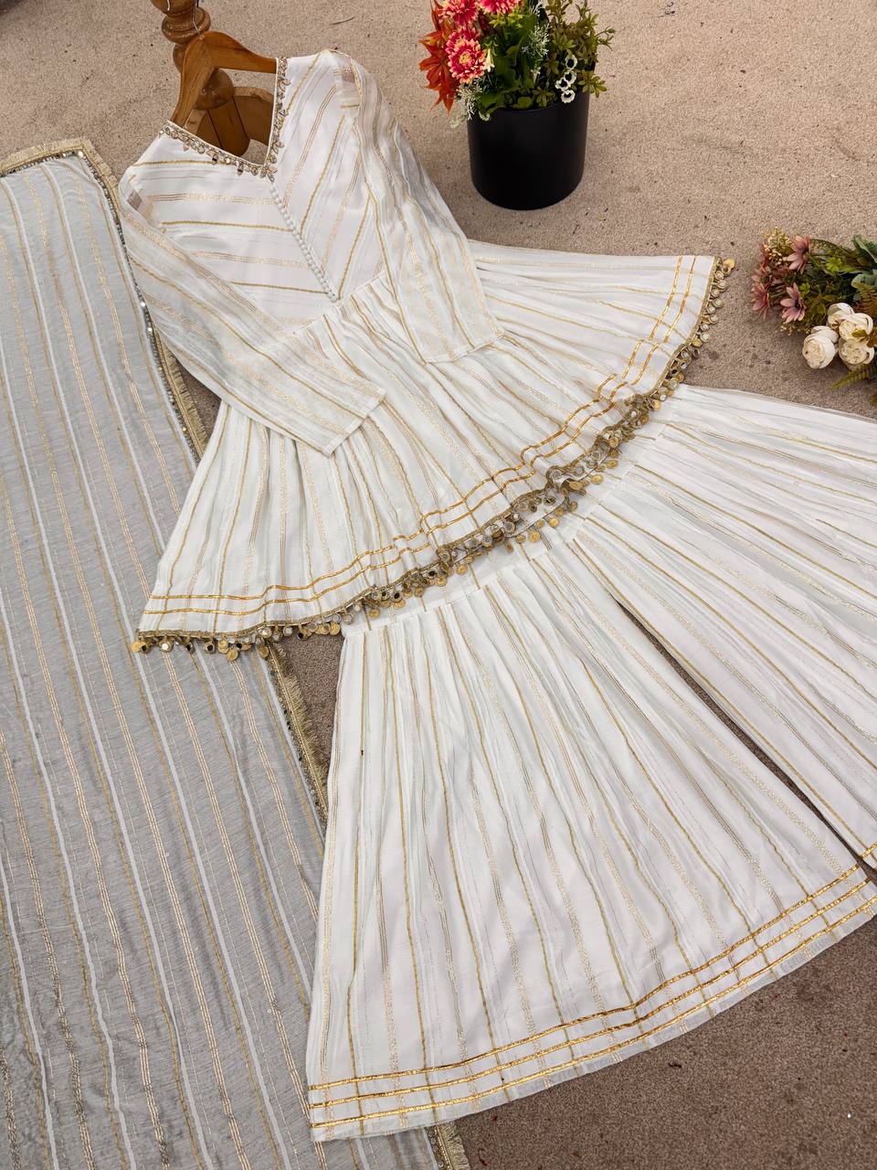 Off White Designer Mal Chanderi Mirror Work Sharara suit and Dupatta