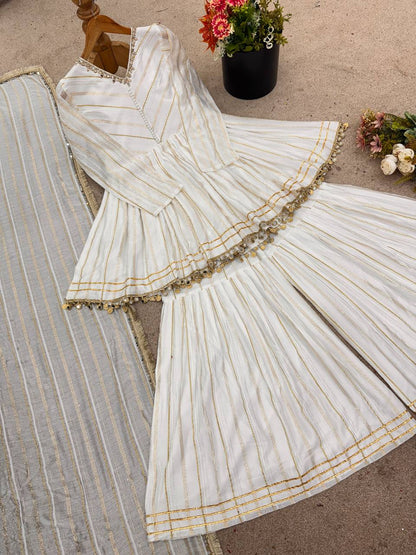 Off White Designer Mal Chanderi Mirror Work Sharara suit and Dupatta