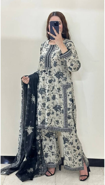 Off White Designer Natural Crepe Digital Print Plazzo Top and Dupatta