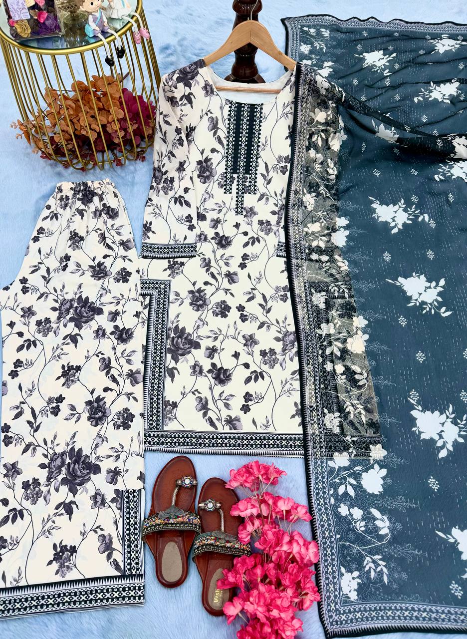 Off White Designer Natural Crepe Digital Print Plazzo Top and Dupatta