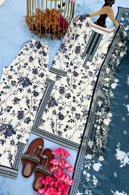 Off White Designer Natural Crepe Digital Print Plazzo Top and Dupatta