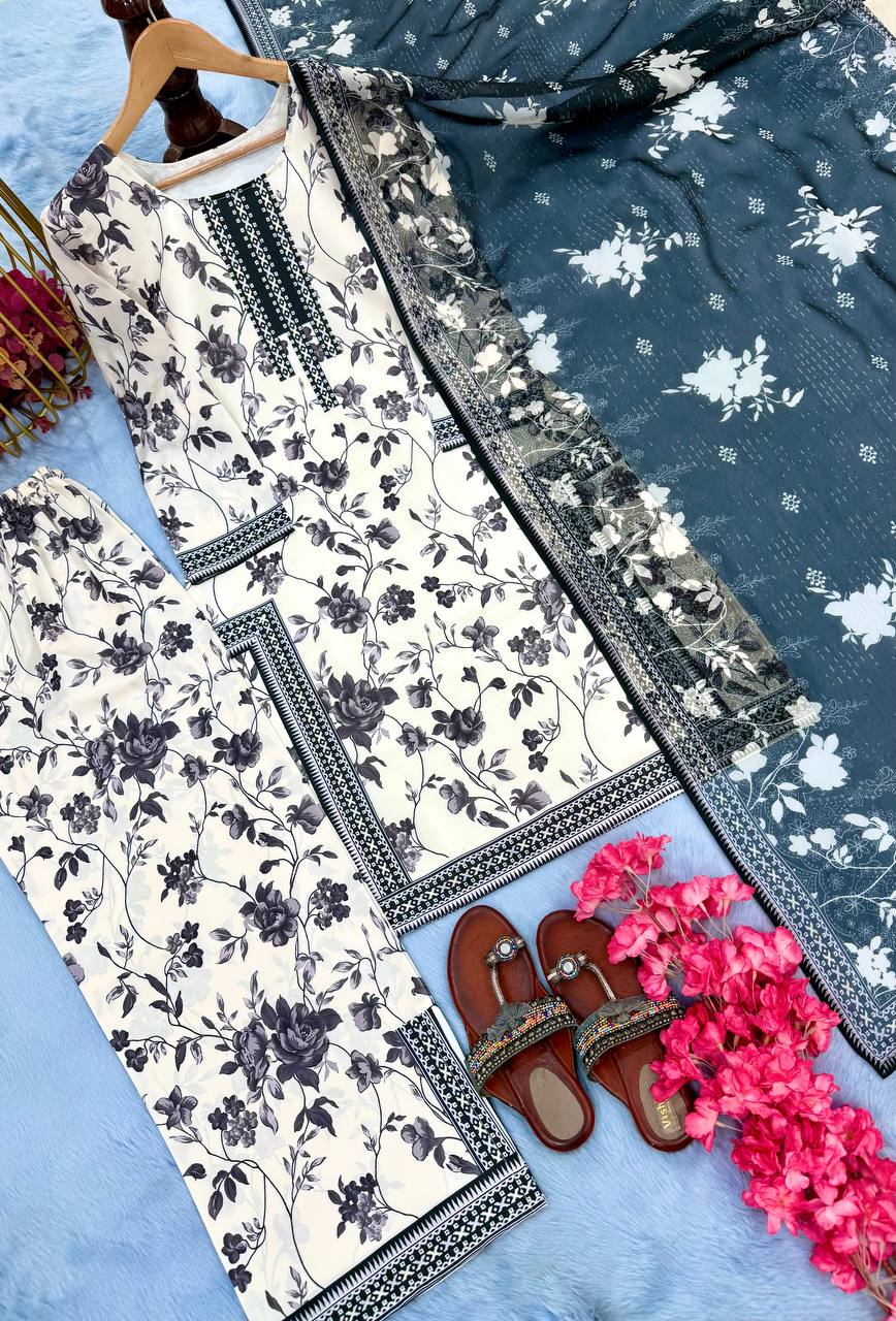 Off White Designer Natural Crepe Digital Print Plazzo Top and Dupatta