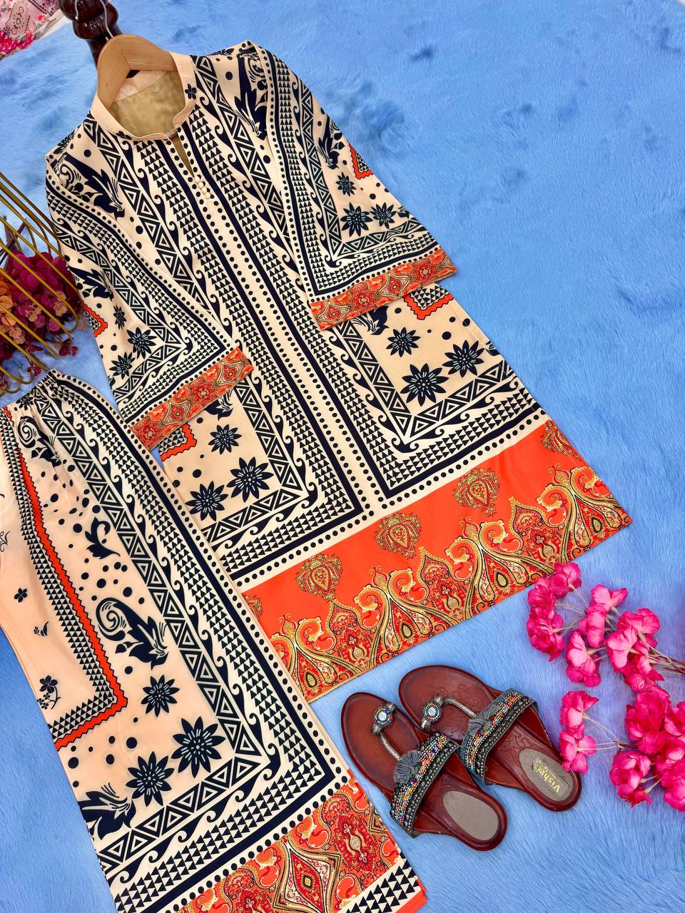 Off White Designer Natural Crepe Printed Plazzo and Top For Party Wear