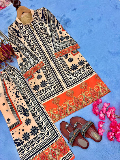 Off White Designer Natural Crepe Printed Plazzo and Top For Party Wear