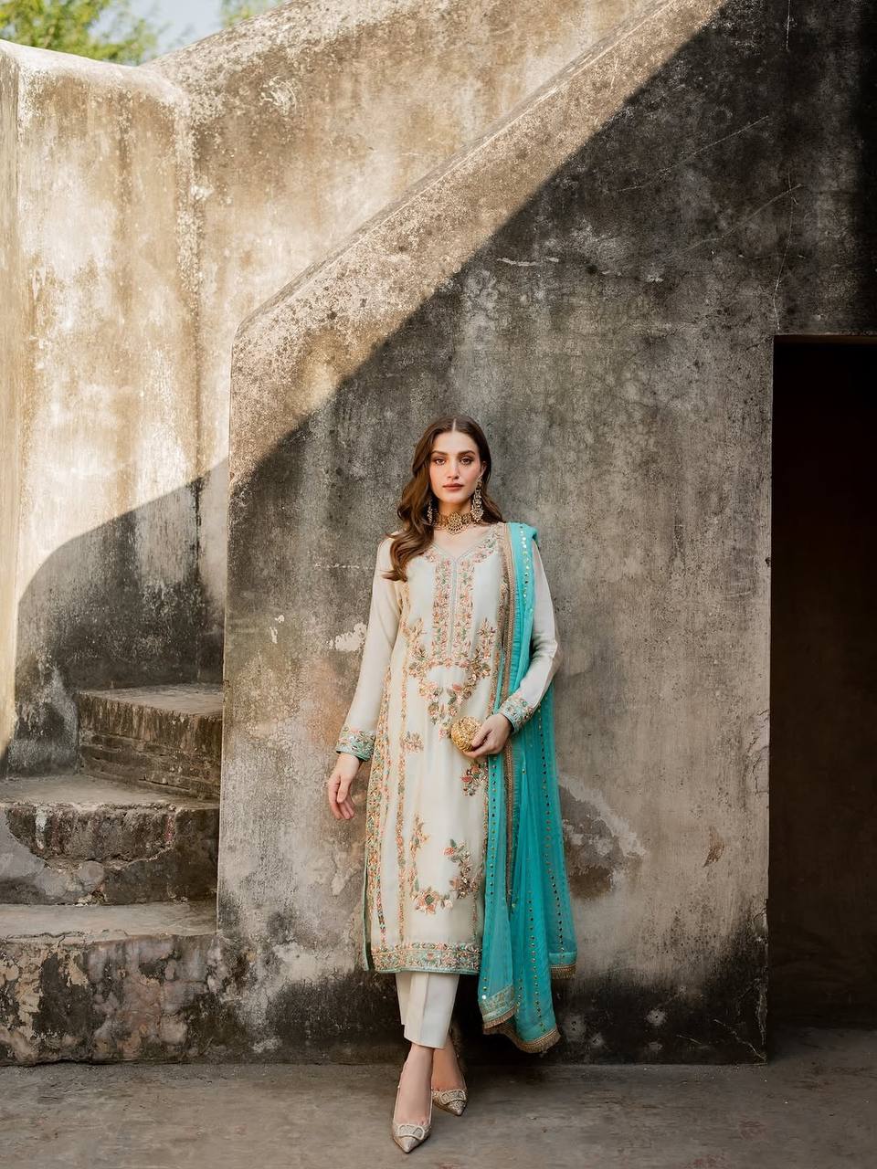 Off White Designer Pure Gmy Silk Palazzo Suit and Dupatta For Party Wear