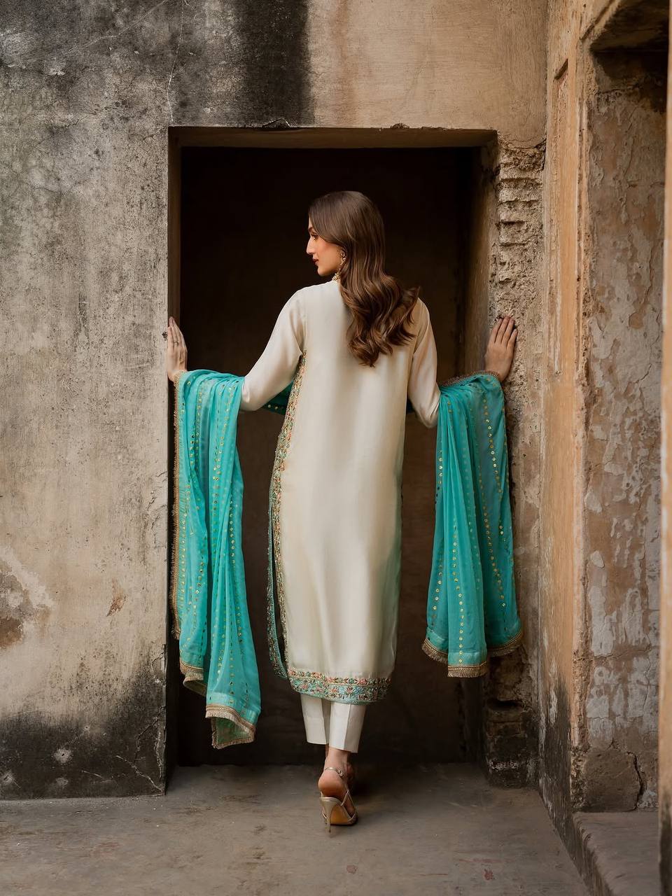 Off White Designer Pure Gmy Silk Palazzo Suit and Dupatta For Party Wear