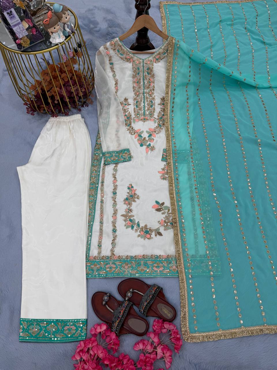 Off White Designer Pure Gmy Silk Palazzo Suit and Dupatta For Party Wear