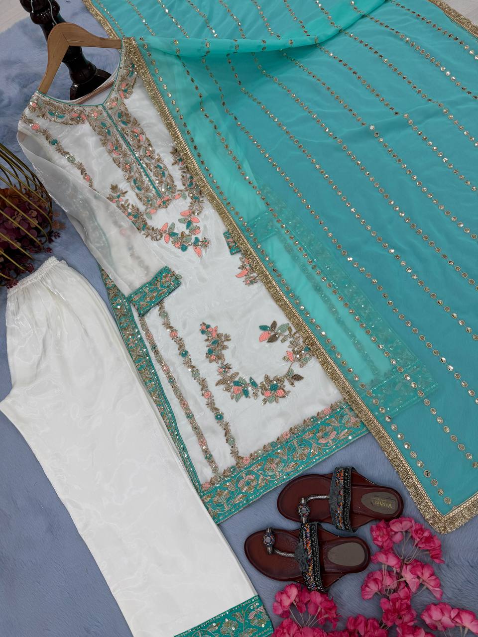 Off White Designer Pure Gmy Silk Palazzo Suit and Dupatta For Party Wear