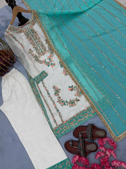 Off White Designer Pure Gmy Silk Palazzo Suit and Dupatta For Party Wear