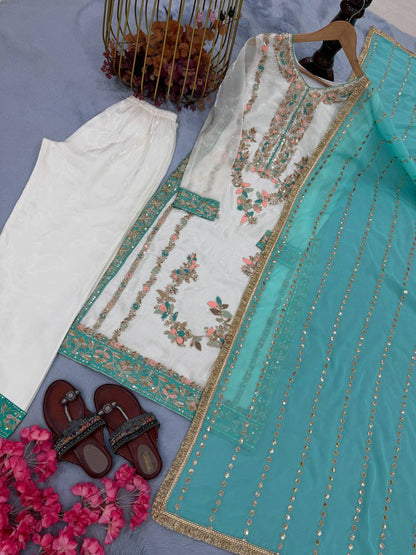 Off White Designer Pure Gmy Silk Palazzo Suit and Dupatta For Party Wear