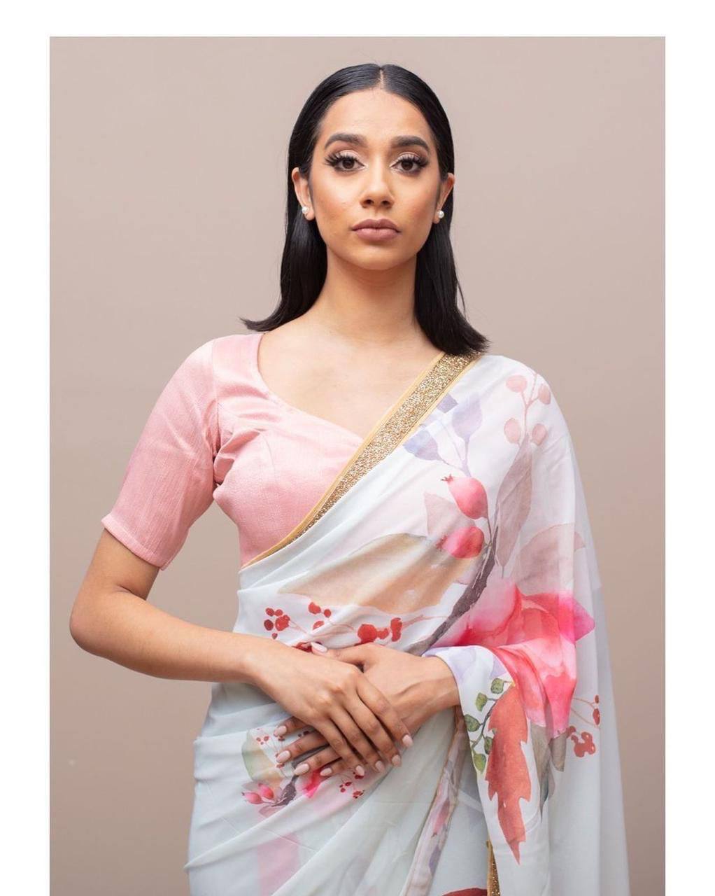 Off White Digital Print Georgette Saree with Lace Border Pink Blouse
