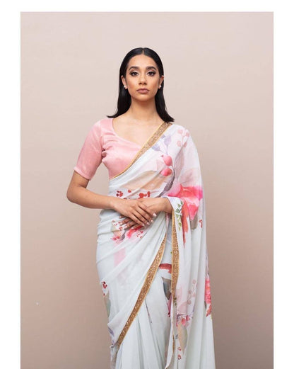 Off White Digital Print Georgette Saree with Lace Border Pink Blouse