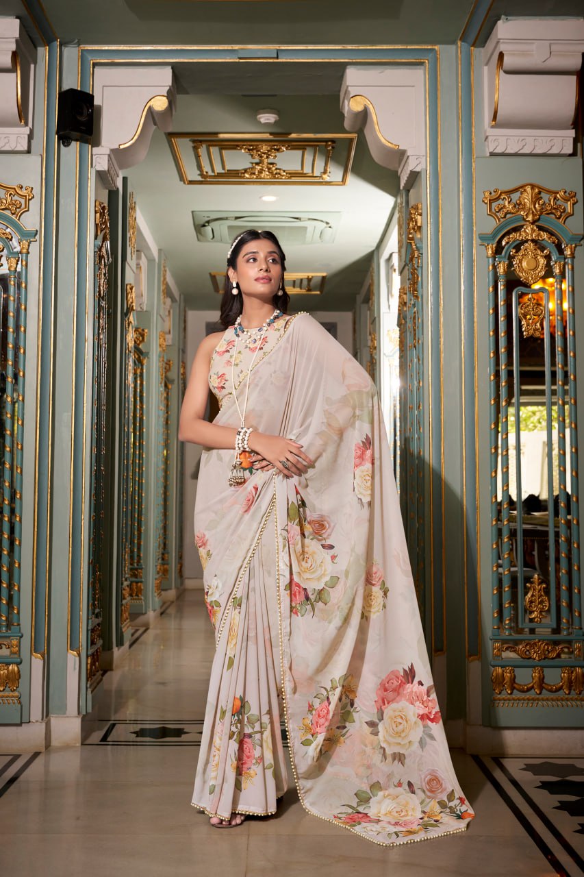Off White Georgette Floral Print Saree with Pearl Lace Border