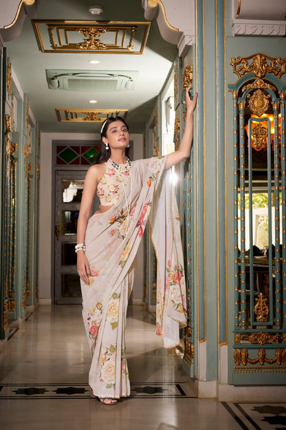 Off White Georgette Floral Print Saree with Pearl Lace Border