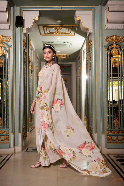 Off White Georgette Floral Print Saree with Pearl Lace Border