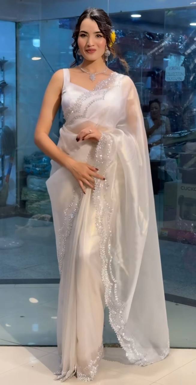 Off White Jimmy Choo Satin Saree with Diamond Border & Banglori Blouse