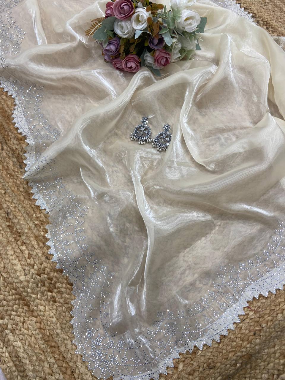 Off White Jimmy Choo Satin Saree with Diamond Border & Banglori Blouse