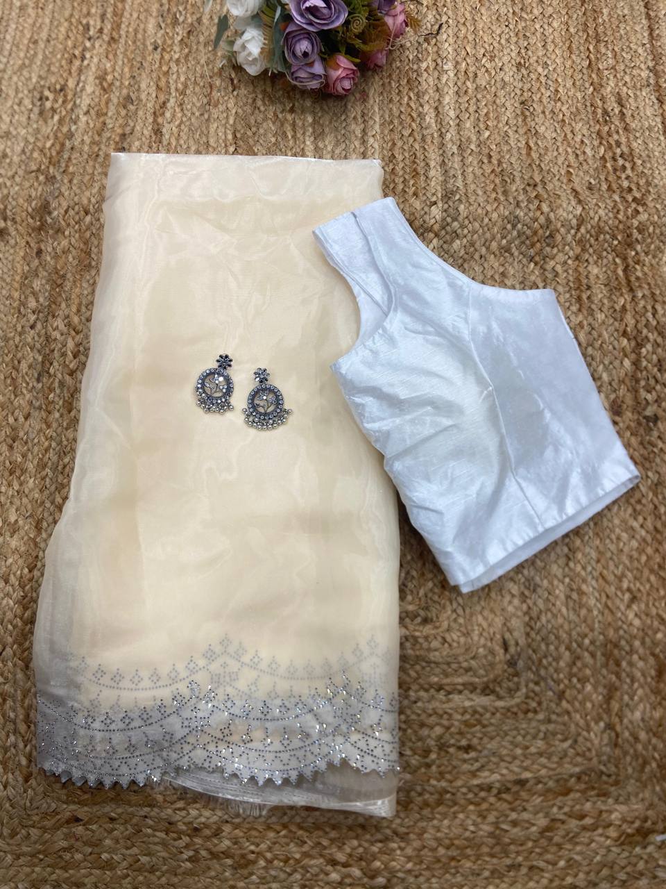 Off White Jimmy Choo Satin Saree with Diamond Border & Banglori Blouse