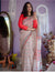 Off White Mulmul Cotton Digital Print Saree with Red Mulmul Blouse
