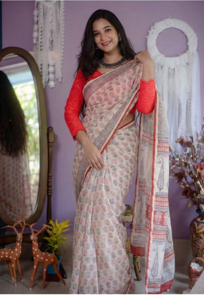 Off White Mulmul Cotton Digital Print Saree with Red Mulmul Blouse