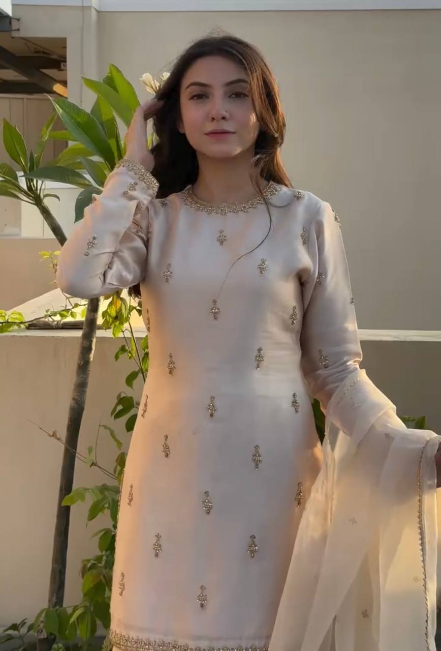 Off White Natural Satin Farshi Plazzo Top and Dupatta For Party Wear