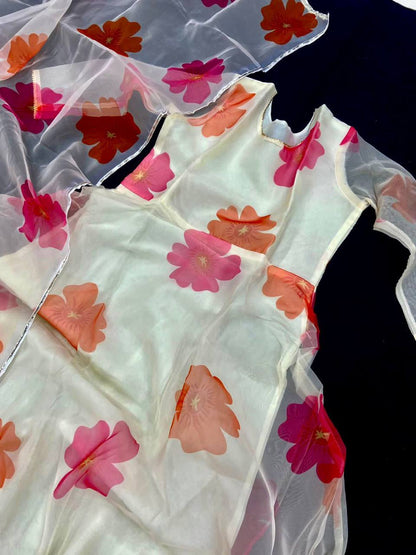 Off White Organza Digital Print Kurti Set with Dupatta & Crepe Plazzo