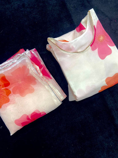 Off White Organza Digital Print Kurti Set with Dupatta & Crepe Plazzo