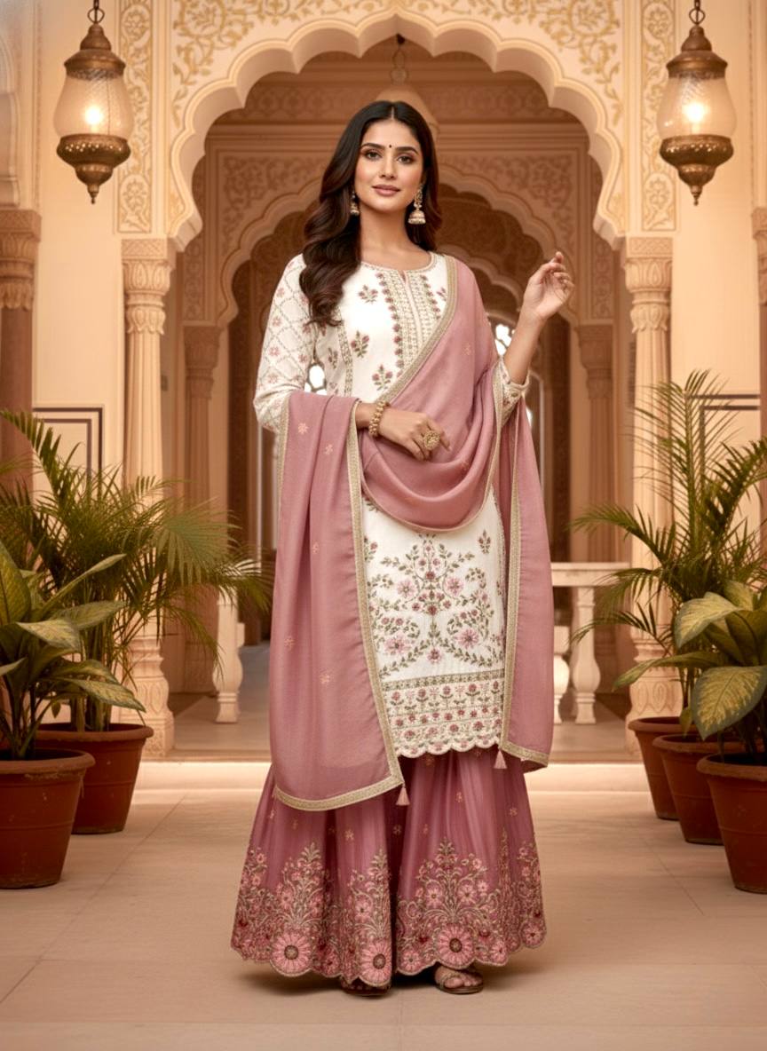 Off White Pure GMY Silk Palazzo and Dusty Rose Dupatta For Party Wear