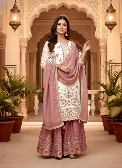 Off White Pure GMY Silk Palazzo and Dusty Rose Dupatta For Party Wear