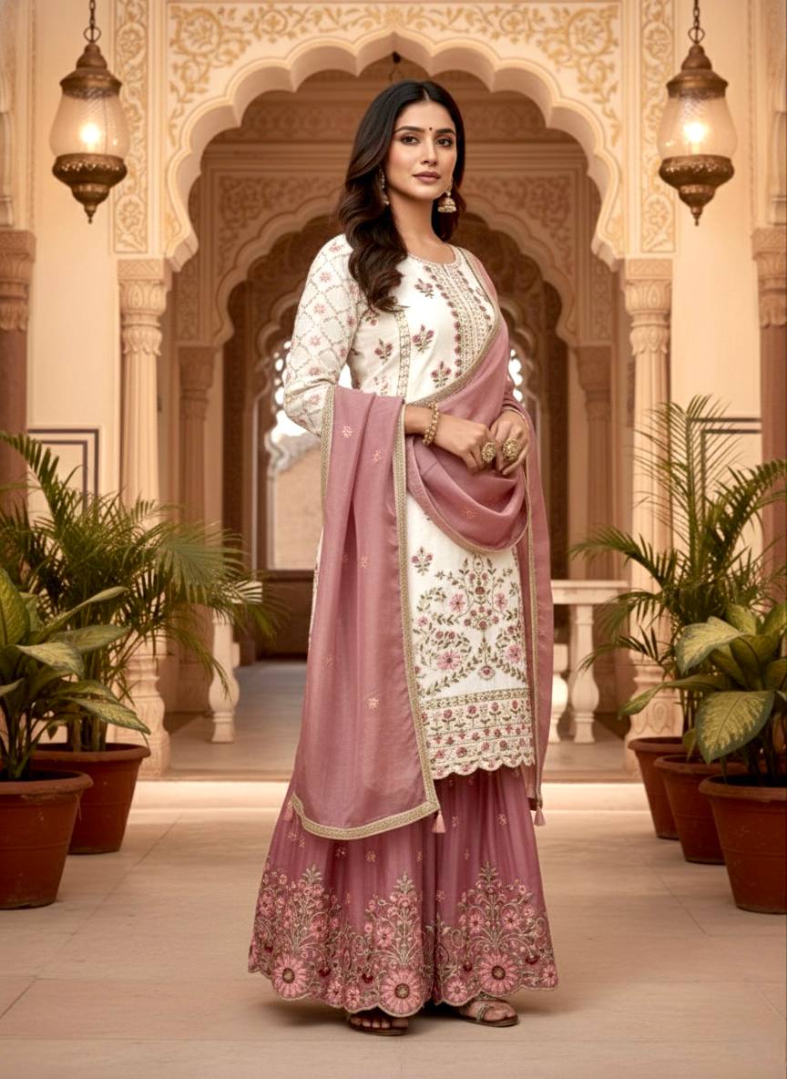 Off White Pure GMY Silk Palazzo and Dusty Rose Dupatta For Party Wear