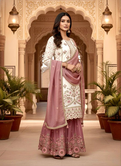 Off White Pure GMY Silk Palazzo and Dusty Rose Dupatta For Party Wear