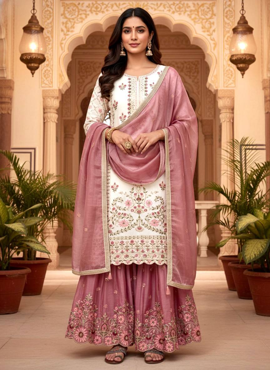 Off White Pure GMY Silk Palazzo and Dusty Rose Dupatta For Party Wear