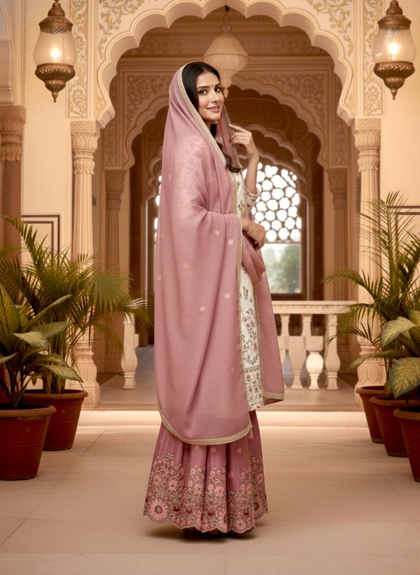 Off White Pure GMY Silk Palazzo and Dusty Rose Dupatta For Party Wear