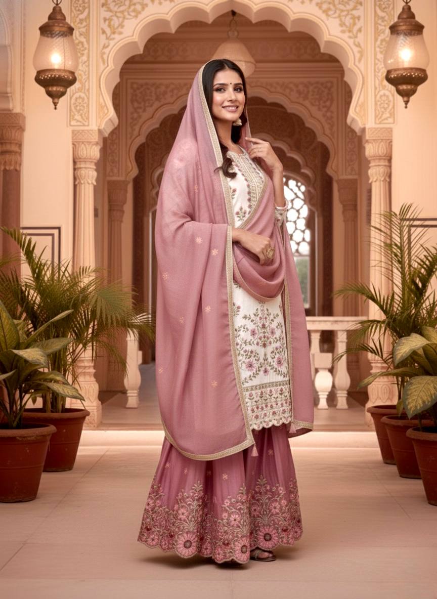 Off White Pure GMY Silk Palazzo and Dusty Rose Dupatta For Party Wear
