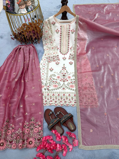 Off White Pure GMY Silk Palazzo and Dusty Rose Dupatta For Party Wear