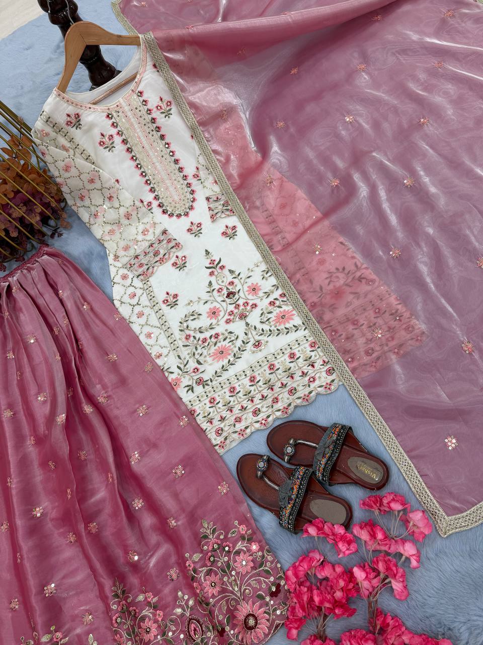 Off White Pure GMY Silk Palazzo and Dusty Rose Dupatta For Party Wear