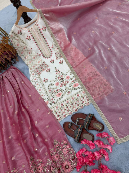 Off White Pure GMY Silk Palazzo and Dusty Rose Dupatta For Party Wear