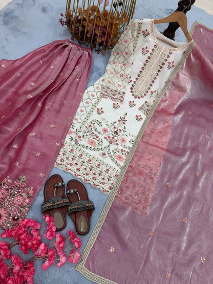 Off White Pure GMY Silk Palazzo and Dusty Rose Dupatta For Party Wear