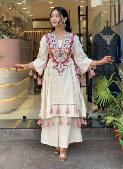 Off White Pure Khadi Cotton Embroidery Mirror Work Palazzo Suit