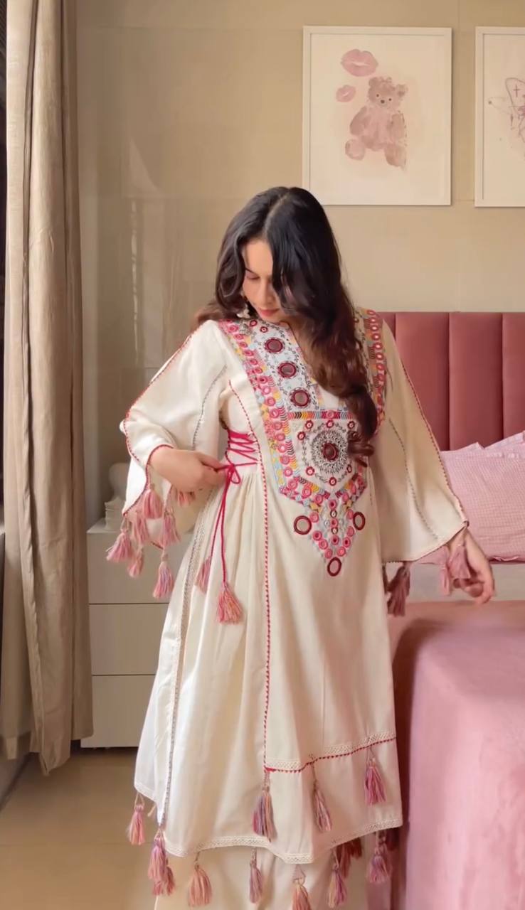 Off White Pure Khadi Cotton Embroidery Mirror Work Palazzo Suit
